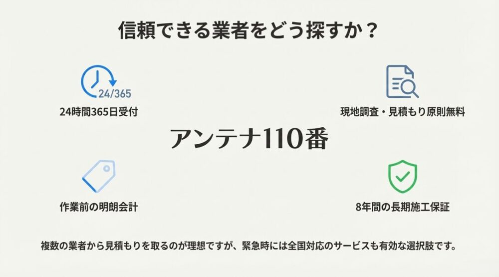 アンテナ修理業者「アンテナ110番」のメリットである、24時間365日受付、見積もり無料、長期保証などの特徴まとめ