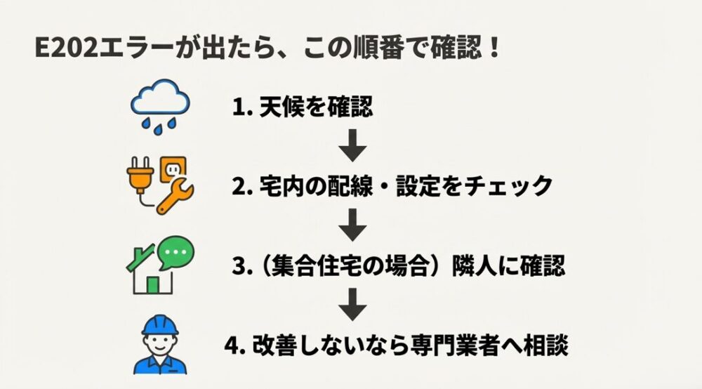 天候確認、配線チェック、隣人への確認、業者への相談というE202解決までのステップを図解したフローチャート
