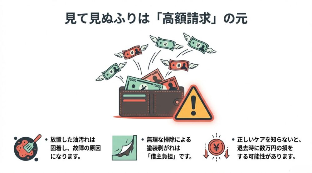 賃貸のレンジフード汚れを放置すると、退去時に高額な原状回復費用が発生し、敷金が返ってこないリスクがあることを示すイラスト