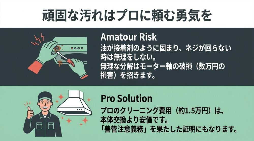 自分で無理に分解して故障させるリスクと、プロに依頼することで善管注意義務を果たせるメリットの比較