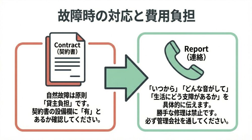 自然故障は貸主負担となる原則と、勝手な修理をせず管理会社へ具体的に報告する手順
