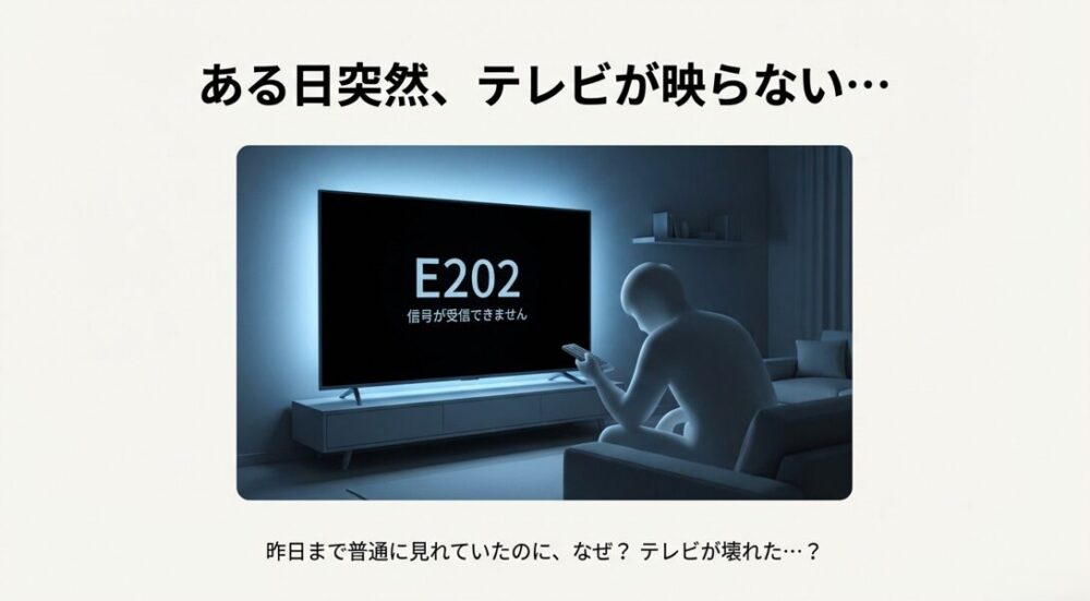 突然テレビ画面にE202「信号が受信できません」と表示され、頭を抱えている男性のイラスト