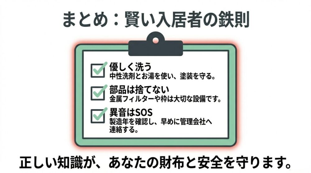 優しく洗う、部品は捨てない、異音はSOSという3つの重要ポイントをまとめたチェックリスト