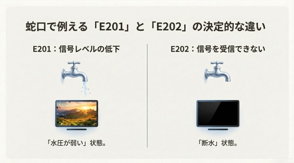 E201は水圧が弱い状態、E202は完全に水が出ない断水状態に例えた、テレビ受信エラーの比較図解