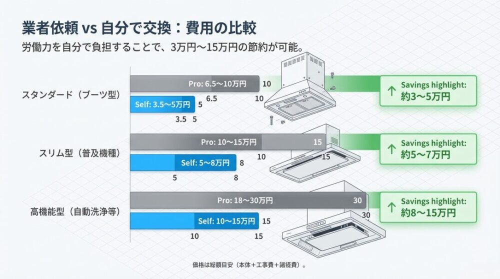 スタンダード型、スリム型、高機能型ごとの業者依頼費用とDIY費用の差額比較。最大15万円の節約が可能。