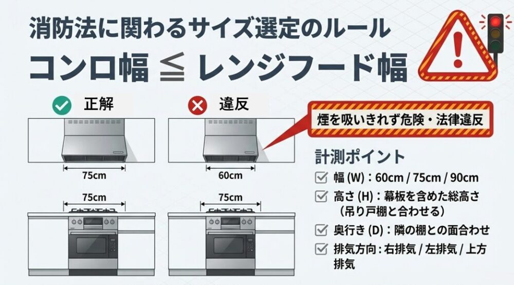 コンロ幅より狭いレンジフードは設置不可。幅、高さ、奥行きの正しい計測ポイントの解説。