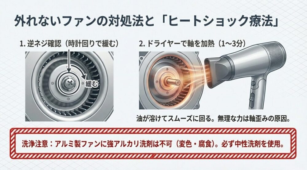 逆ネジの確認方法と、ドライヤーで軸を加熱して固まった油を溶かすヒートショック療法の図解