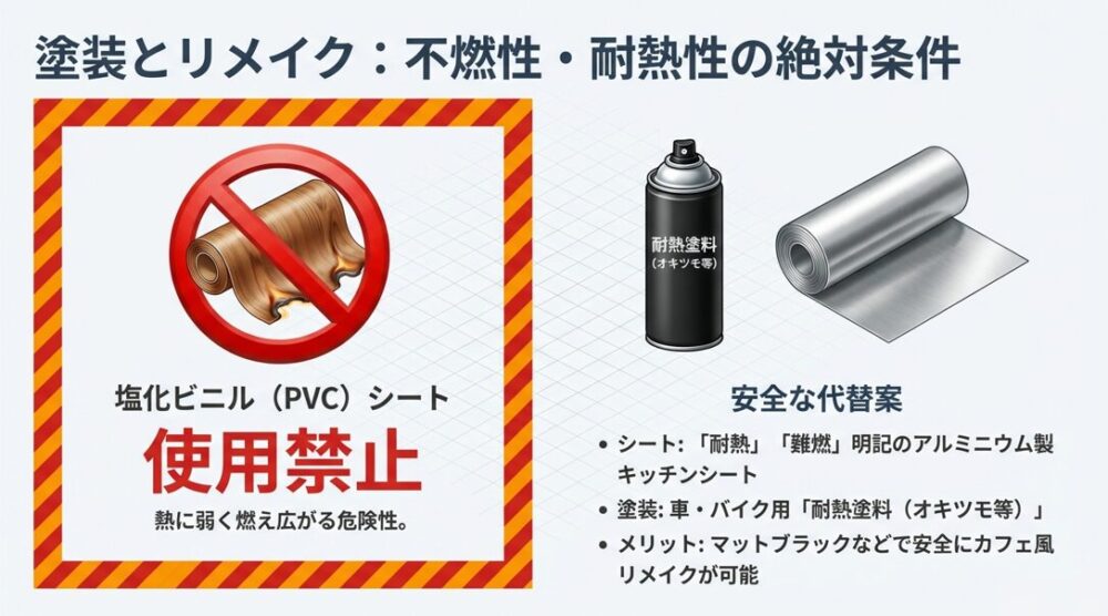 塩化ビニルシートは使用禁止。耐熱アルミシートやオキツモ等の耐熱塗料を使用する安全ルールの解説。