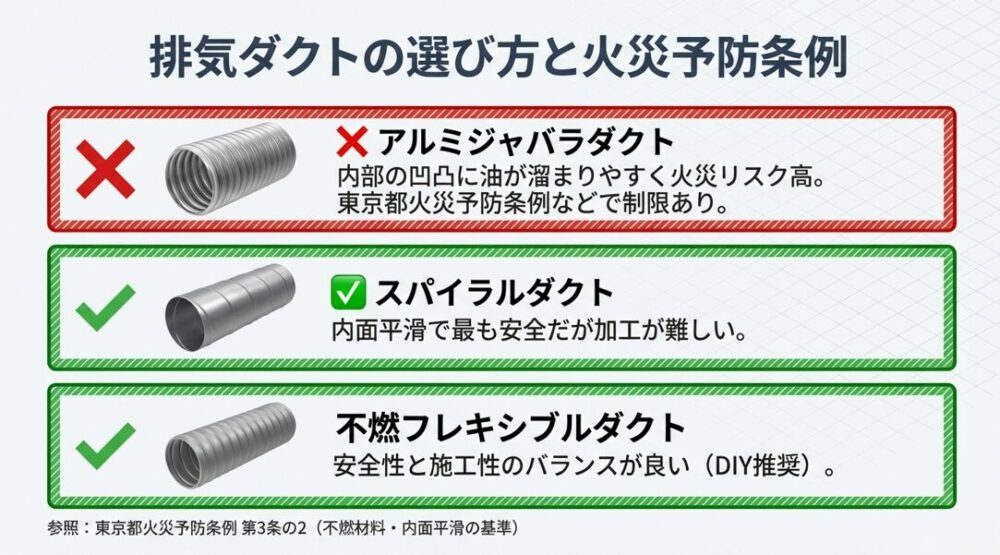 アルミジャバラダクトの危険性と、推奨される不燃フレキシブルダクトやスパイラルダクトの比較図。