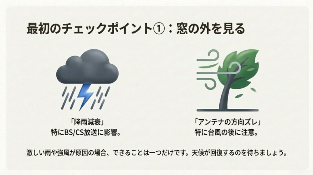 ゲリラ豪雨による降雨減衰や、強風によるアンテナの方向ズレなど、天候悪化がE202エラーの原因になるイメージ