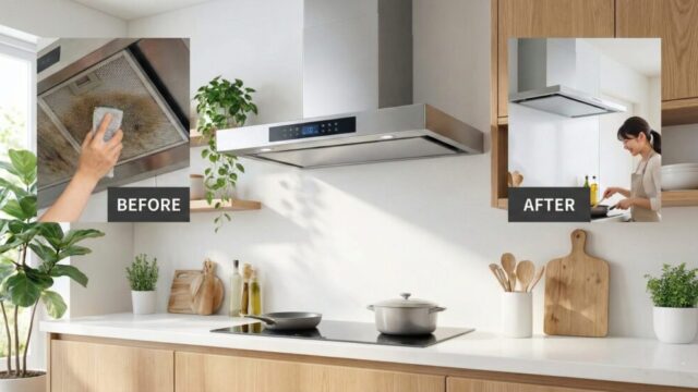 レンジフードのビフォーアフター比較イメージ。左側（Before）は油汚れがこびりついた古いフィルターをスポンジで掃除している手元の様子。右側（After）は最新のシルバーのスリム型レンジフードの下で、笑顔で快適に料理をする女性。掃除の手間から解放された清潔なキッチンのイメージ画像。