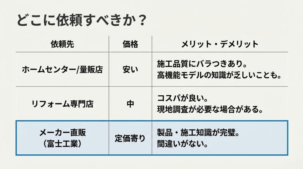依頼先ごとの価格とメリット・デメリットをまとめた比較表。メーカー直販は価格は定価寄りだが知識と施工が完璧であると評価。