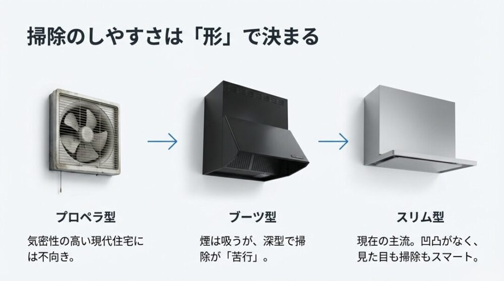 左からプロペラ型換気扇、黒いブーツ型レンジフード、シルバーの最新スリム型レンジフードが並び、掃除のしやすさが進化していく様子を示した図。