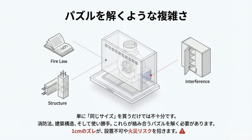 レンジフードのサイズ選びは、消防法、建築構造、干渉問題が絡み合うパズルのようなものです。