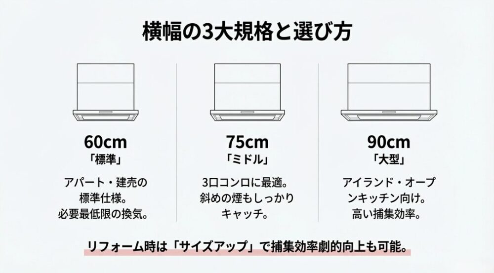 家庭用レンジフードの標準的な横幅サイズである60cm、75cm、90cmの特徴と推奨される使用シーン。