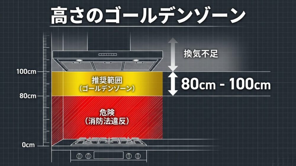 コンロから80cm以上（消防法）、100cm以下（換気性能）の範囲が設置高さのゴールデンゾーンです。