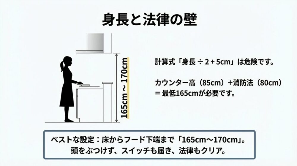 身長160cm前後の場合、床からフード下端まで165cm～170cmに設定すると、頭をぶつけず使いやすい高さになります。