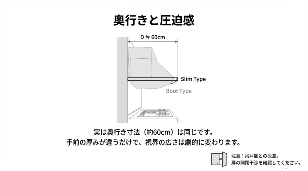 スリム型レンジフードはブーツ型と奥行き寸法は同じ約60cmですが、手前の厚みが薄いため圧迫感が少なく視界が広がります。