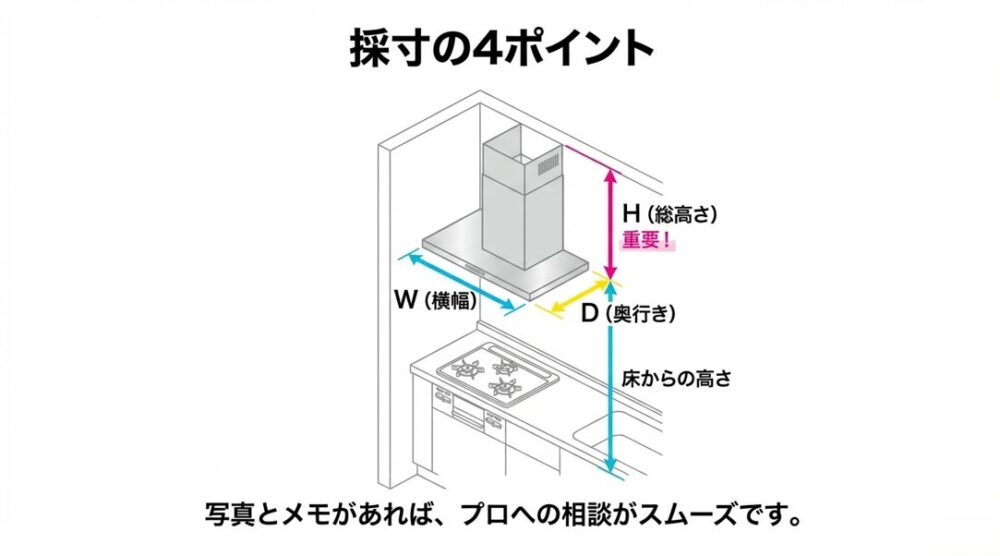 交換のために測るべき4か所：横幅（W）、総高さ（H）、奥行き（D）、床からの高さ。