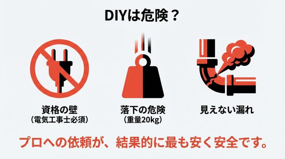 レンジフードのDIY交換には、電気工事士資格の必要性、重量物の落下、排気漏れといった危険が伴います。