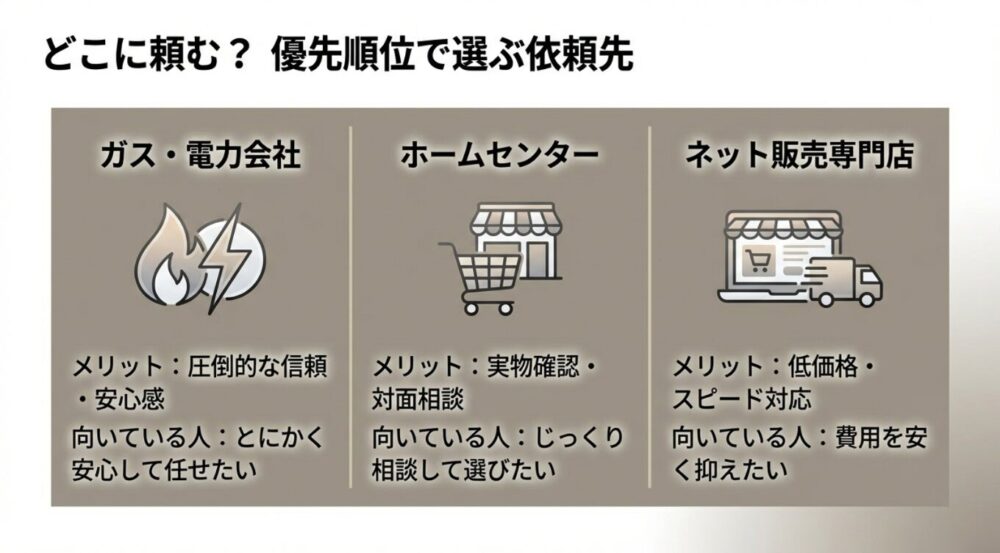 ガス・電力会社、ホームセンター、ネット販売専門店のメリットと向いている人を比較したイラスト。信頼感重視か、価格重視かで選ぶ基準。