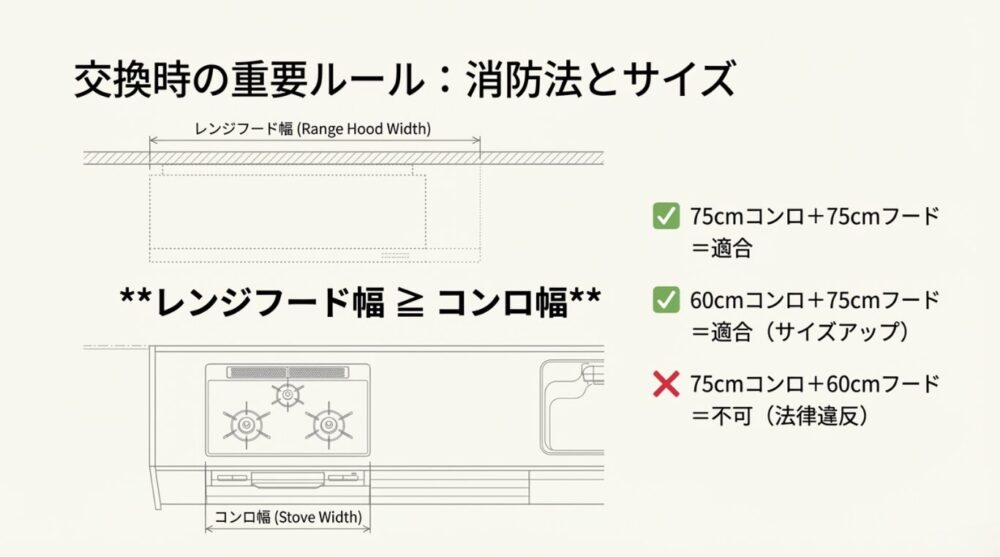 レンジフードの幅はコンロの幅以上でなければならないという消防法の規定を図解。75cmコンロに60cmフードはNGなどの適合例。