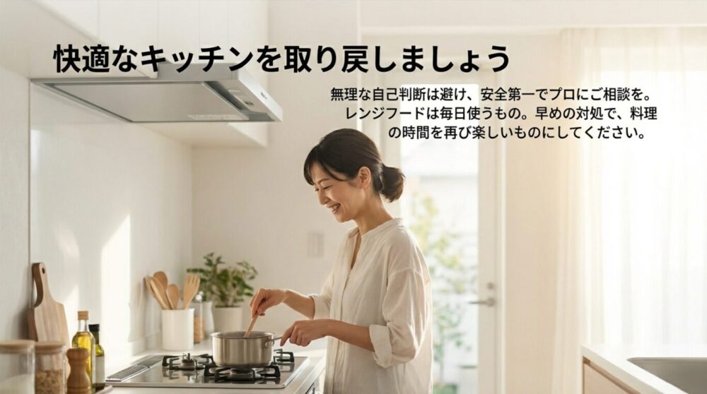 快適に料理をする女性のイメージ画像。無理な自己判断を避け、早めのプロへの相談で楽しい料理時間を取り戻すことを訴求。