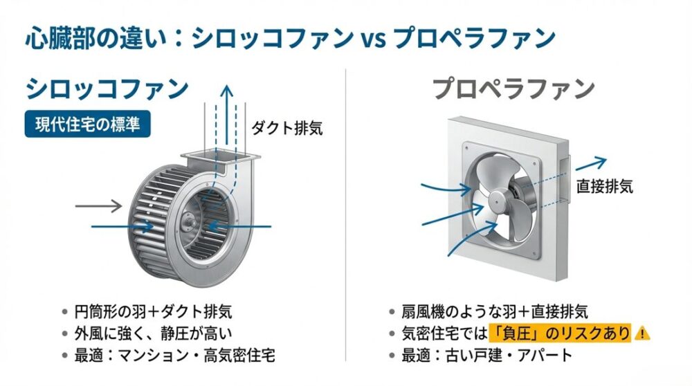 現代住宅で主流のシロッコファン（ダクト排気）と、旧来のプロペラファン（直接排気）の羽の形状と排気メカニズムの比較イラスト。
