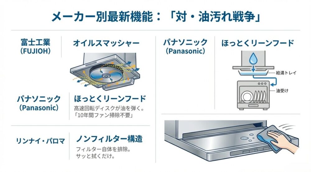 高速回転ディスクが油を弾き飛ばし、ファン内部への侵入を防ぐオイルスマッシャー機能の解説図。