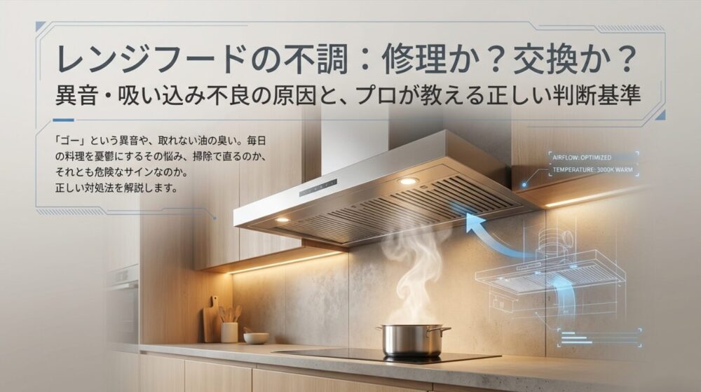 レンジフードの修理と交換の分岐点を示したタイトル画像。異音や吸い込み不良の悩みに対するプロの判断基準を解説。