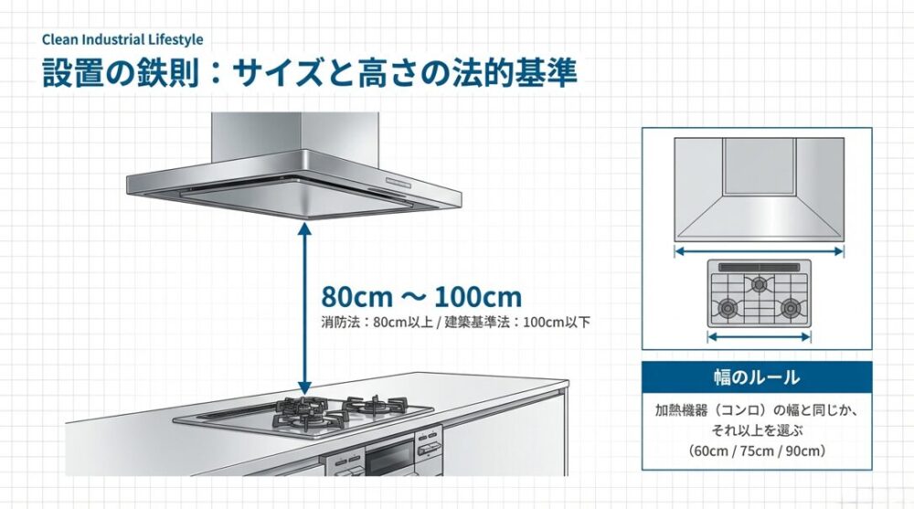 コンロからレンジフードまでの高さ（80cm〜100cm）の基準と、コンロ幅に合わせたレンジフード幅（60cm/75cm/90cm）の選び方を示した図解。
