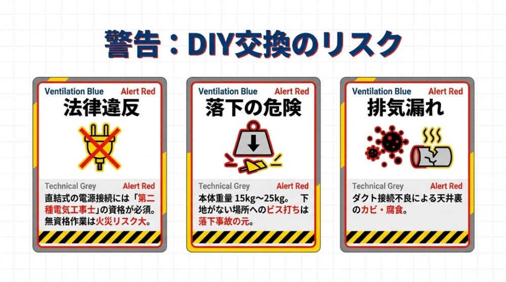 電気工事士資格が必要な直結式電源、重量物の落下リスク、ダクト接続不良による排気漏れのリスクを警告するアイコン図。