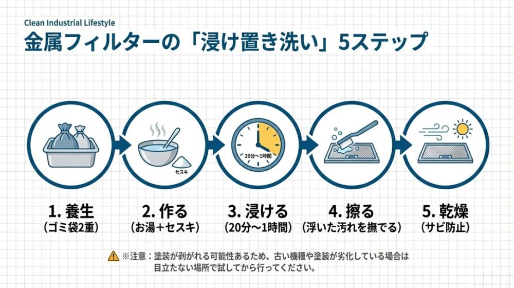 養生、洗剤液作成、浸け置き、ブラッシング、乾燥という金属フィルター掃除の5ステップをイラストで解説したマニュアル。
