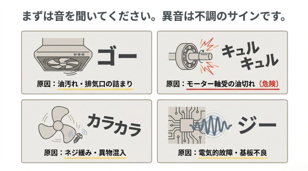 「ゴー」は油汚れ、「キュルキュル」はモーター軸受の油切れ、「カラカラ」は異物混入、「ジー」は電気的故障を示すイラスト図解。