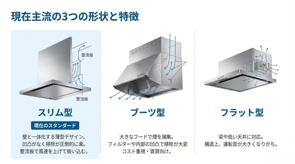 レンジフードの主要な3つの形状（スリム型、ブーツ型、フラット型）の構造と空気の流れを示した比較図。