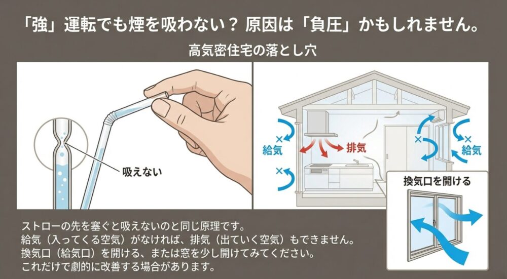 ストローの先を塞ぐと吸えない原理のイラスト。高気密住宅で給気口を閉じたままレンジフードを強運転すると排気できない仕組みを解説。
