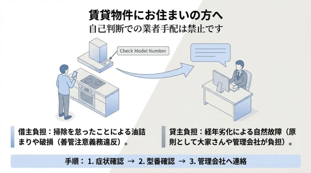 症状と型番を確認し、自分で業者を呼ばずに管理会社へ連絡する流れ。借主負担と貸主負担の境界線についての解説図。