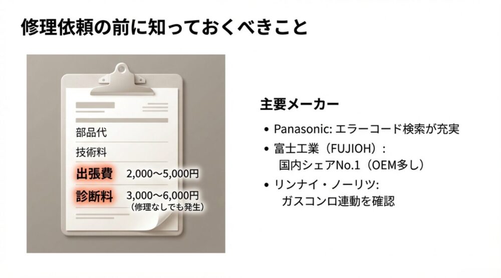 修理費用には部品代と技術料に加え、出張費（2000〜5000円）や診断料が含まれることを示す図。パナソニックや富士工業などメーカー別の特徴も記載。