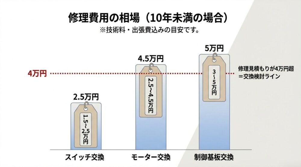 スイッチ交換、モーター交換、基板交換にかかる費用の目安グラフ。修理見積もりが4万円を超える場合は交換検討ラインであることを示す。
