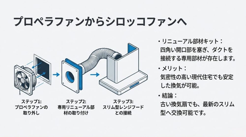 ステップ1：プロペラファンの取り外し、ステップ2：専用リニューアル部材で開口部を塞ぐ、ステップ3：ダクトを接続し本体を設置する流れのイラスト。
