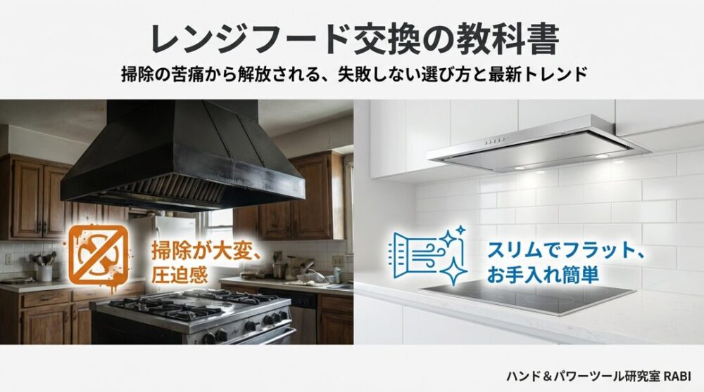 レンジフード交換の教科書と題されたスライド。掃除が大変で圧迫感のある古いキッチンと、&times;印のイラスト。