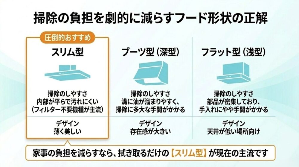 スリム型、ブーツ型（深型）、フラット型（浅型）の特徴比較。家事の負担を減らすなら、拭き取るだけで手入れができる「スリム型」が現在の主流でおすすめであることを示す図解