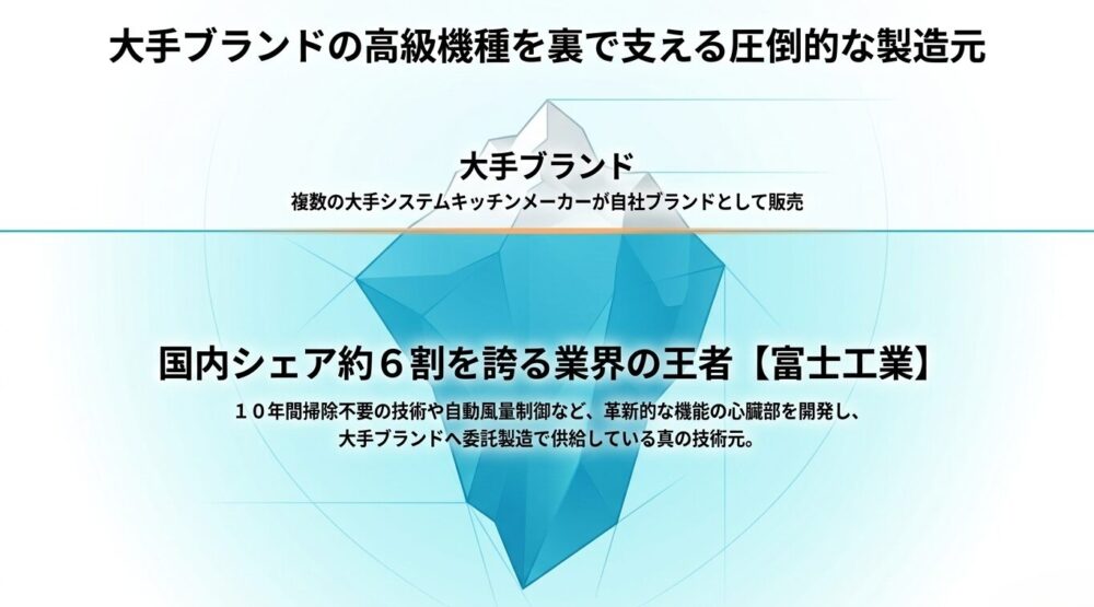 氷山の一角として販売される大手ブランドの高級機種を、裏で支えている圧倒的な製造元が「富士工業」であることを示す図解。国内シェア約6割を誇る業界の王者の技術力