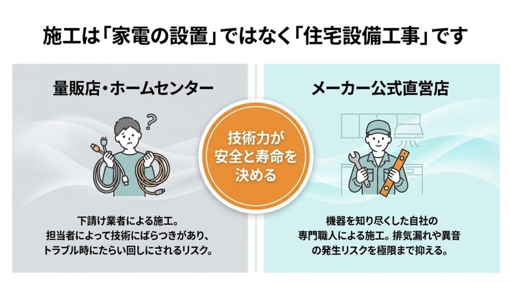 量販店・ホームセンターの下請け業者による施工と、メーカー公式直営店の自社専門職人による施工の違い。技術力が安全性と寿命を決めることを示す比較図
