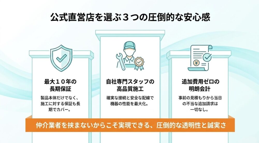 仲介業者を挟まない公式直営店を選ぶ3つの圧倒的な安心感。「最大10年の長期保証」「自社専門スタッフの高品質施工」「追加費用ゼロの明朗会計」