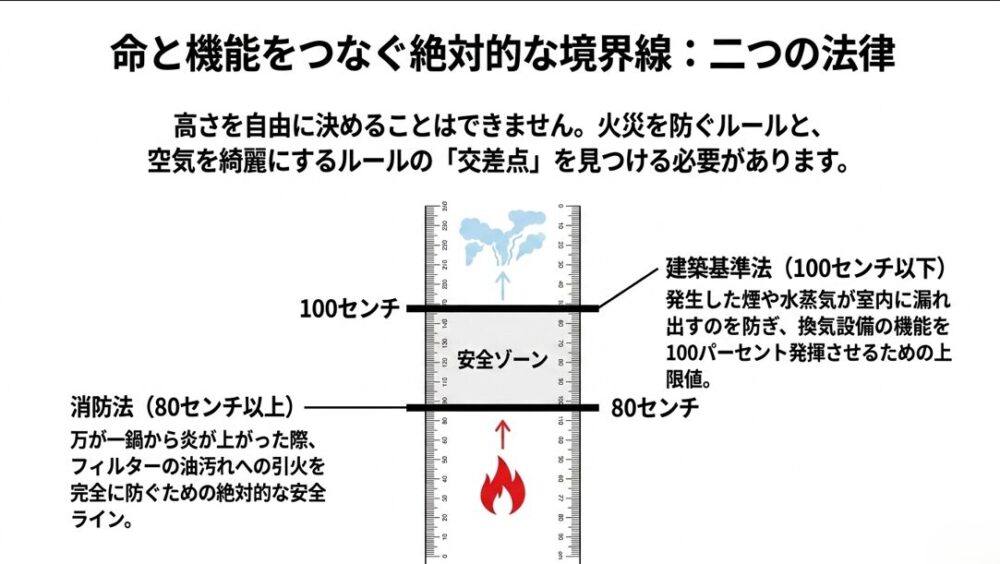 消防法（80cm以上）と建築基準法（100cm以下）の規定を示し、コンロ天板からの安全ゾーンを図解したスライド