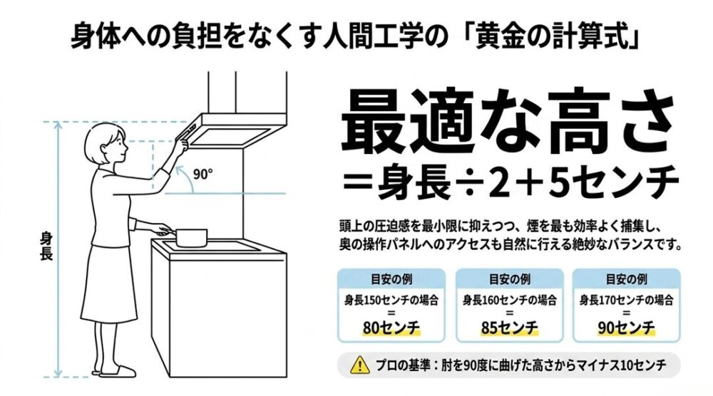 レンジフードの最適な高さは「身長&divide;2＋5センチ」という計算式と、利用者の身長に合わせた設置高さを図解したスライド