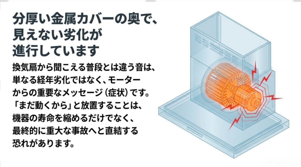 レンジフード内部のモーターから異音と振動が発生している様子を示すイラスト。「まだ動くから」と放置することの危険性を警告している。