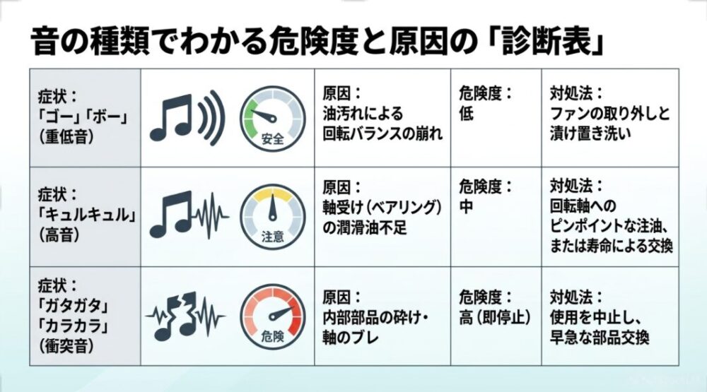 「ゴー」「キュルキュル」「ガタガタ」という異音の種類別に、それぞれの原因、危険度、適切な対処法をまとめた診断表