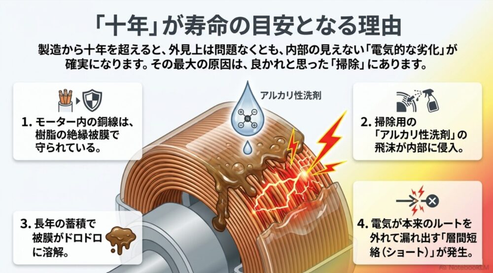 アルカリ性洗剤の侵入によりモーター内部の銅線を守る絶縁被膜が溶け、電気が漏れ出す層間短絡（ショート）を引き起こす4つのプロセスを図解
